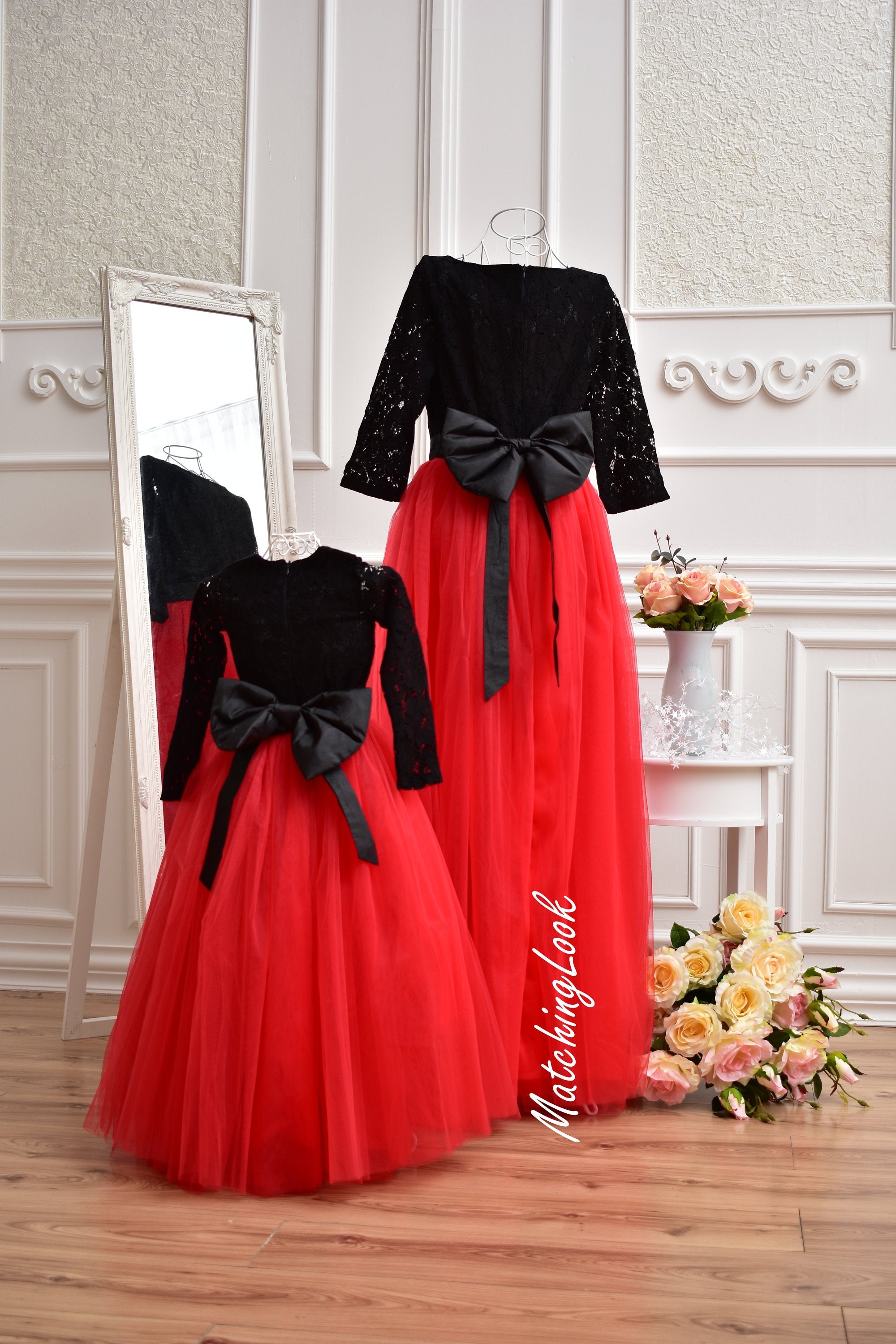 Black Beaded Plunging Red Custom-made Ruffled Tulle Trumpet Prom Dress